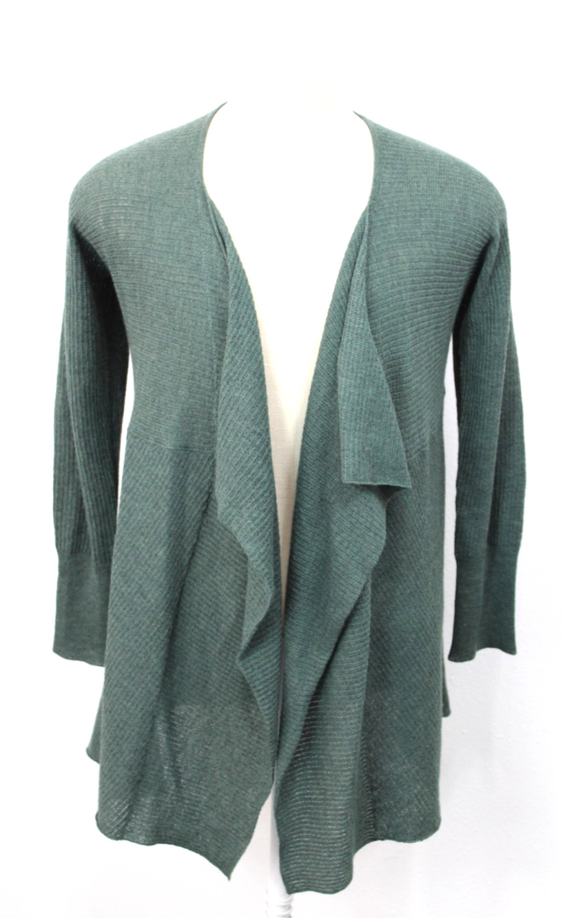 Eileen Fisher 100% Wool Open Front Dark Green Cardigan Size M